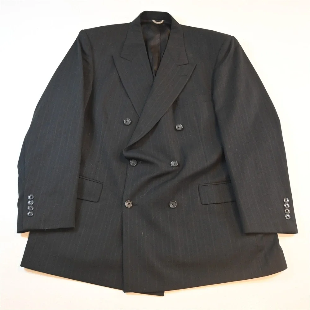 Vtg USA Made Double Breasted 44R 38x30 Black Striped 100% Wool Jacket Pants Suit